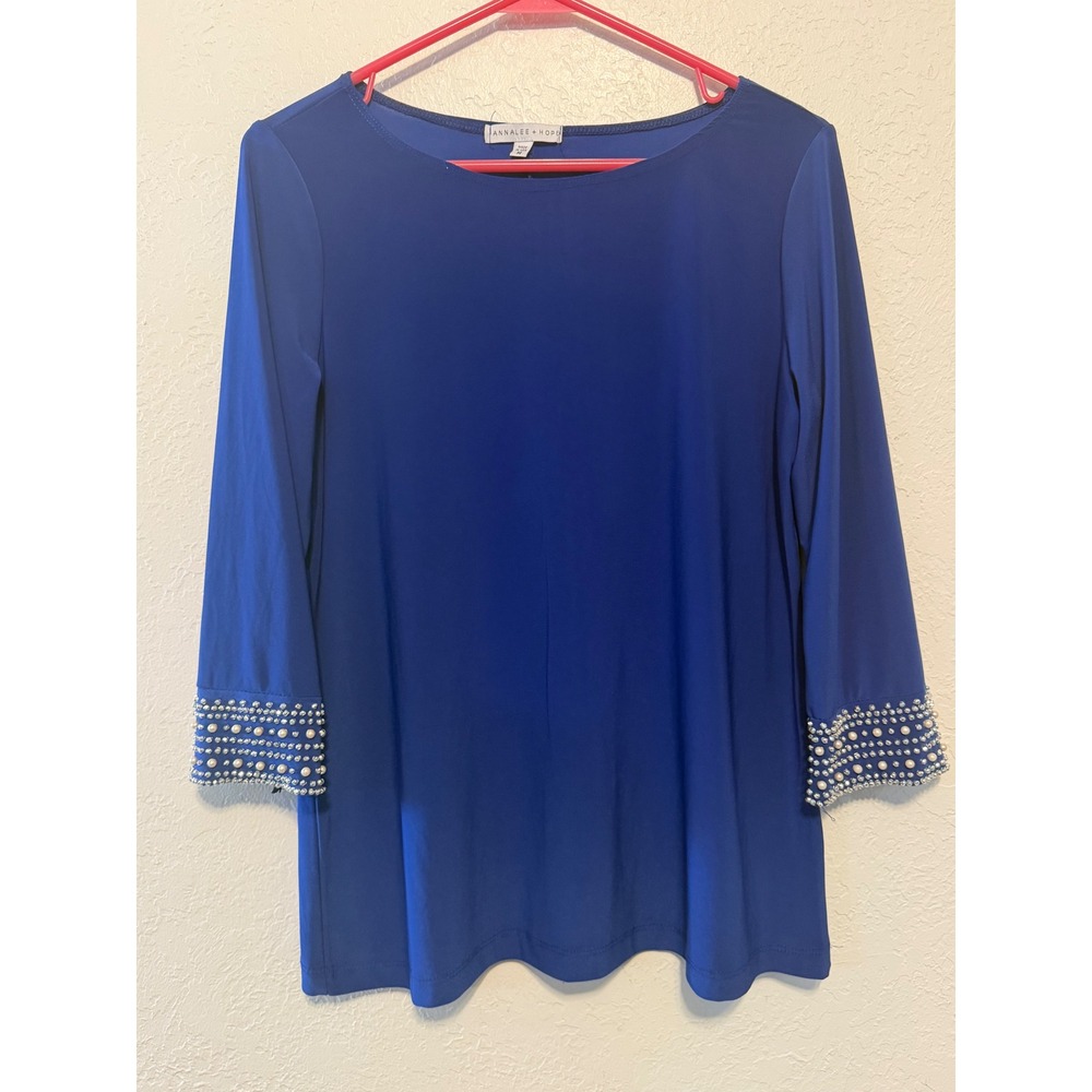 Annalee + Hope Royal Blue Pearl Rhinestone Cuff Blouse Top Medium